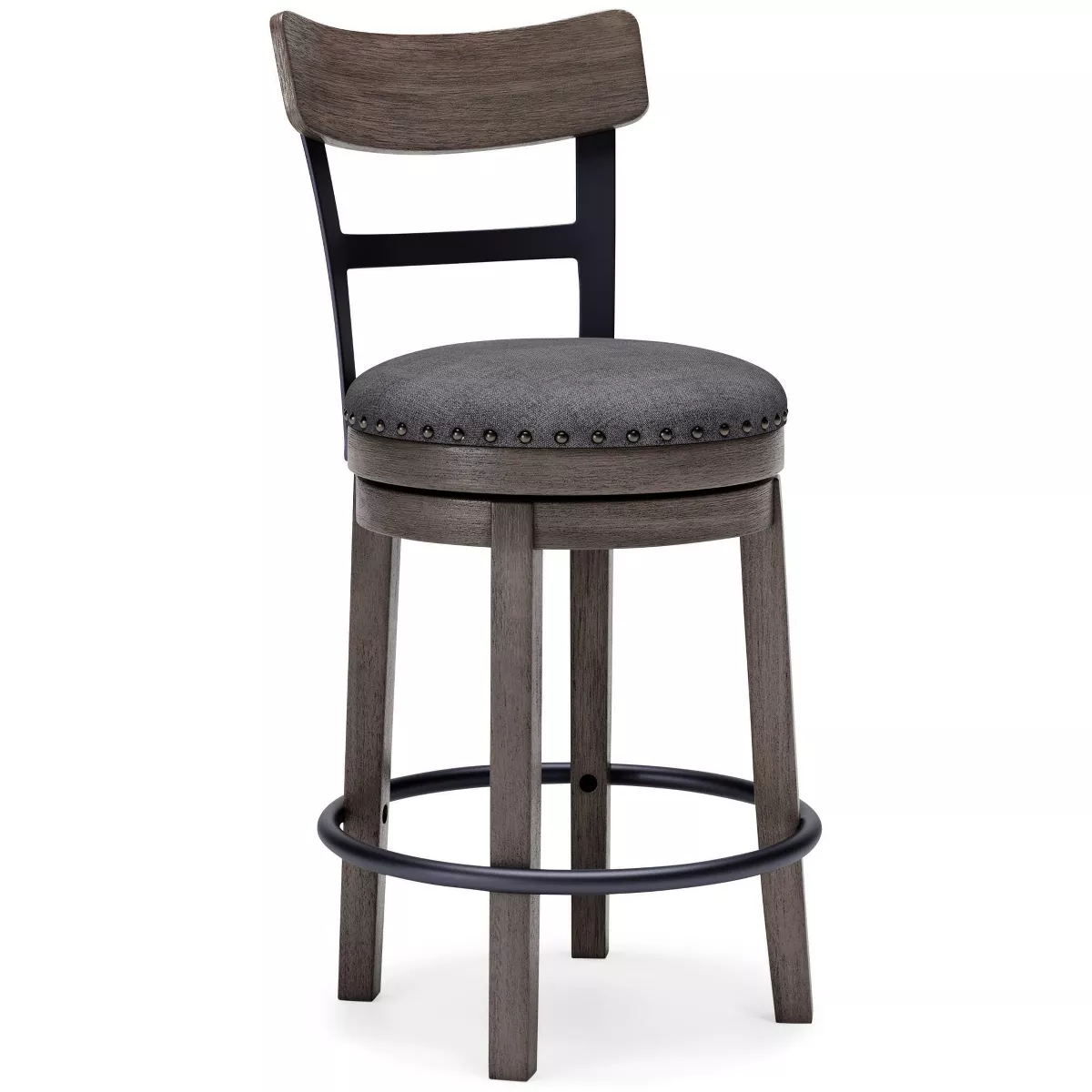 Caitbrook Counter Height Barstool Gray - Polyester Upholstery, Nailhead Trim, Swivel Seat