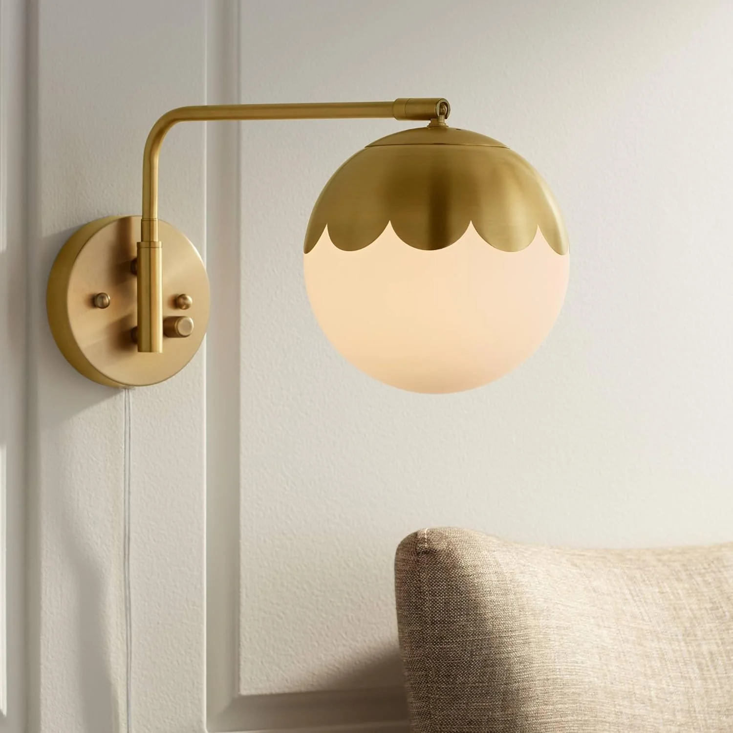 Brass and Glass Globe Plug-In Wall Lamp