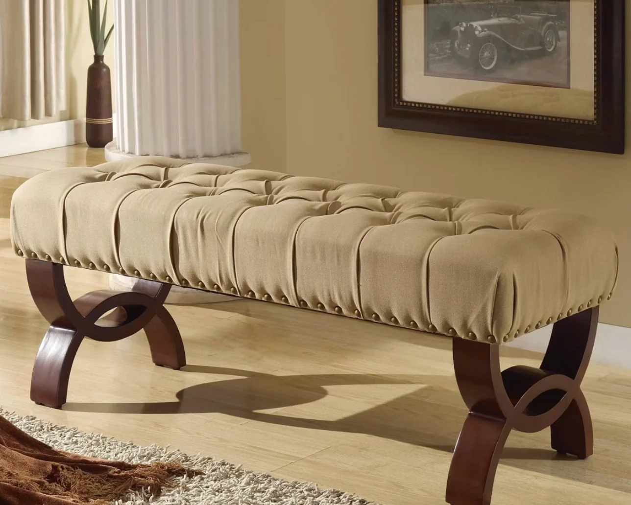 Carolina Tufted Bench with Nailhead Trim Cream - HomePop: Upholstered Ottoman for Bedroom, Indoor Furniture SHOWROOM ITEM