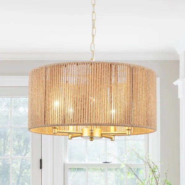 Caroyln 5 - Light Dimmable Drum Boho Chandelier Hand-Woven Rattan - Image 5