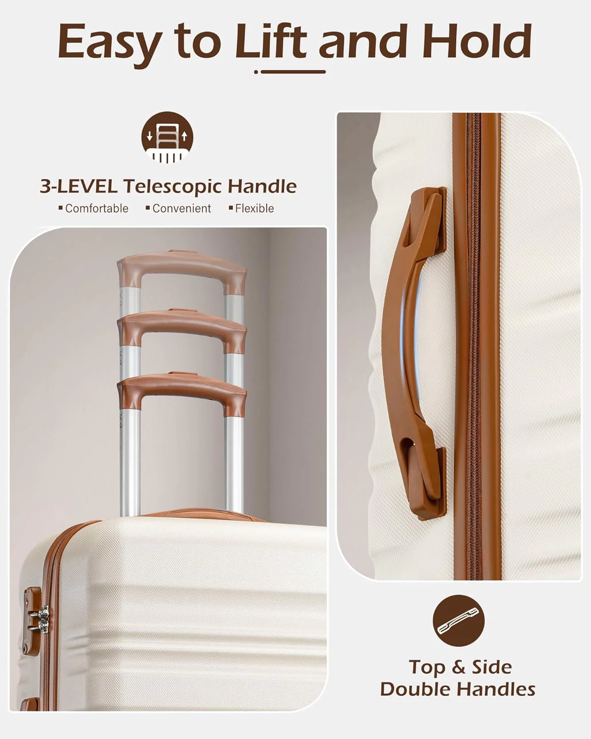 Carry On Luggage Sets 3 Piece Suitcase Set Beige-Brown - Image 3