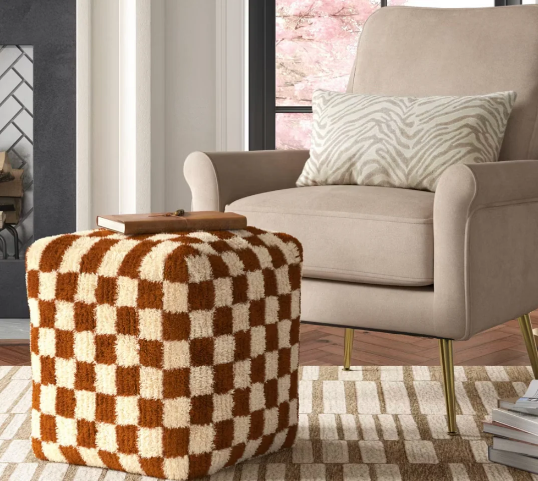 Checkerboard Pouf Mustard/Cream  SHOWROOM ITEM