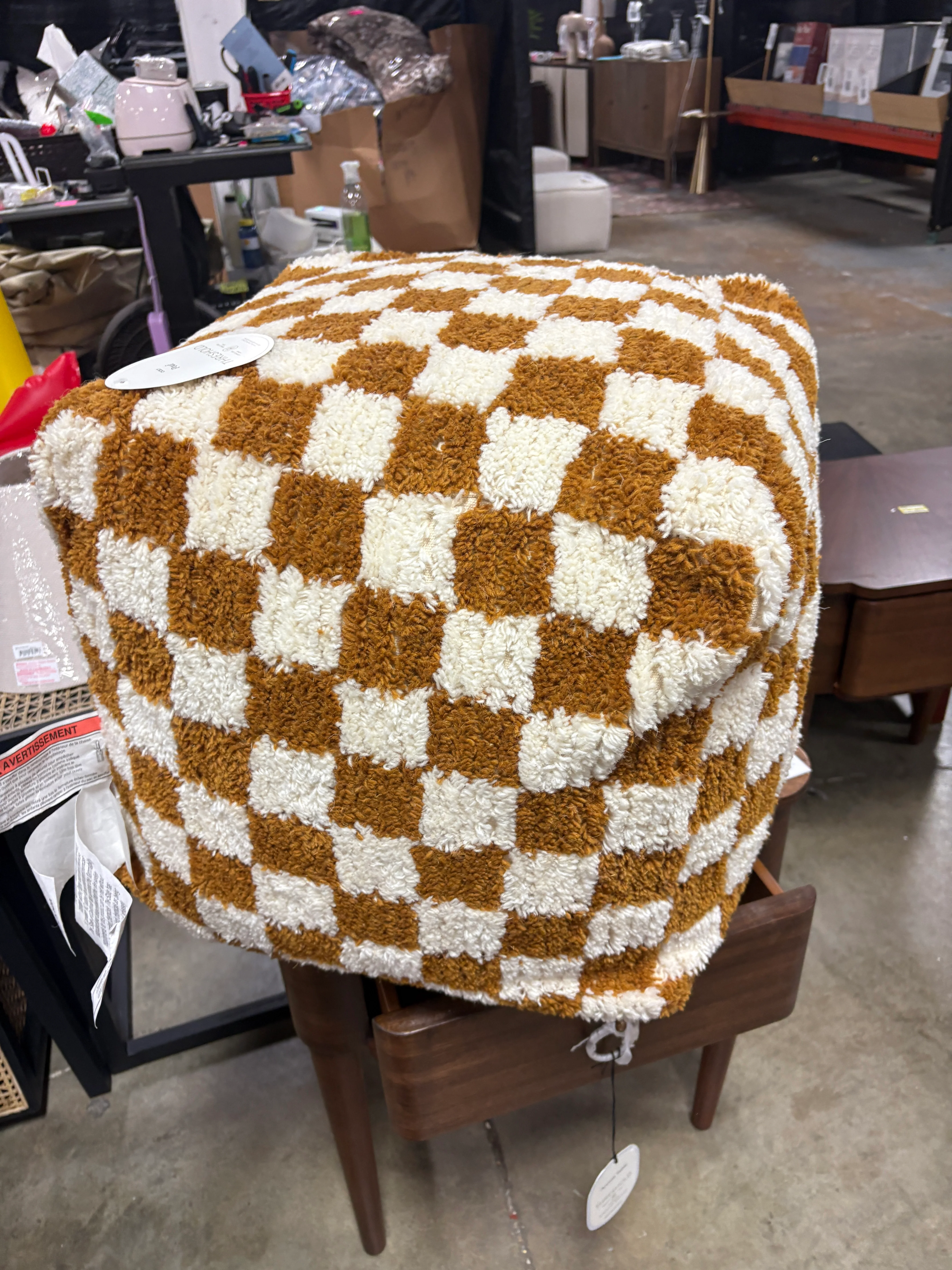Checkerboard Pouf Mustard/Cream  SHOWROOM ITEM - Image 2