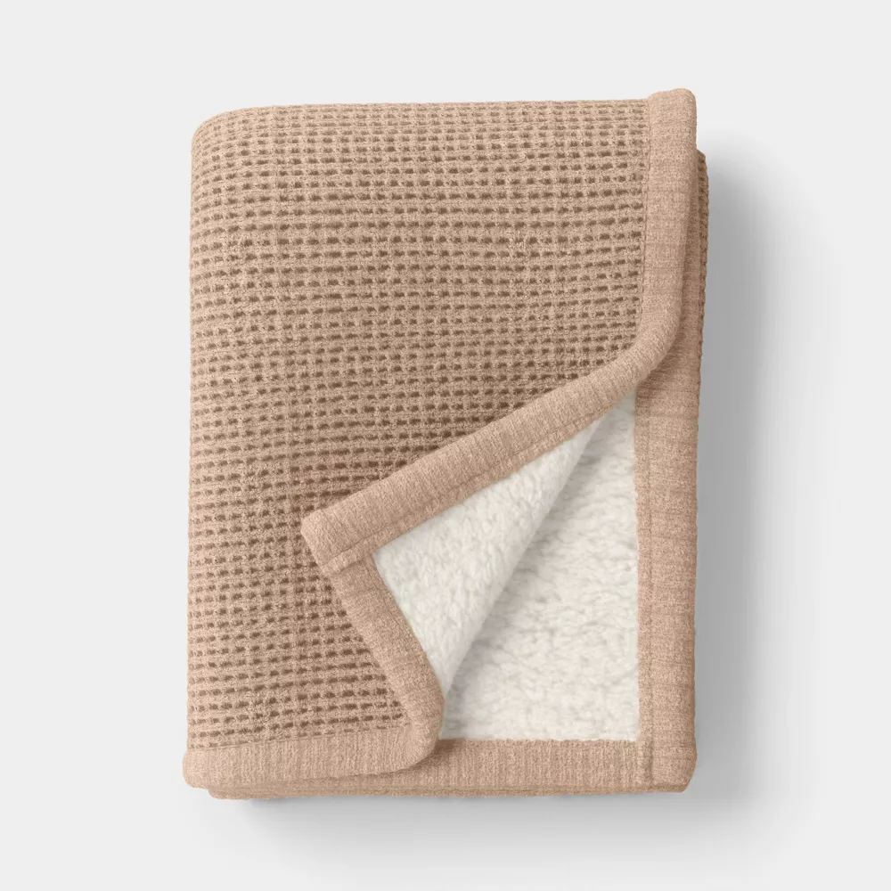 Chenille Knit Throw Blanket with Faux Shearling Reverse Tan