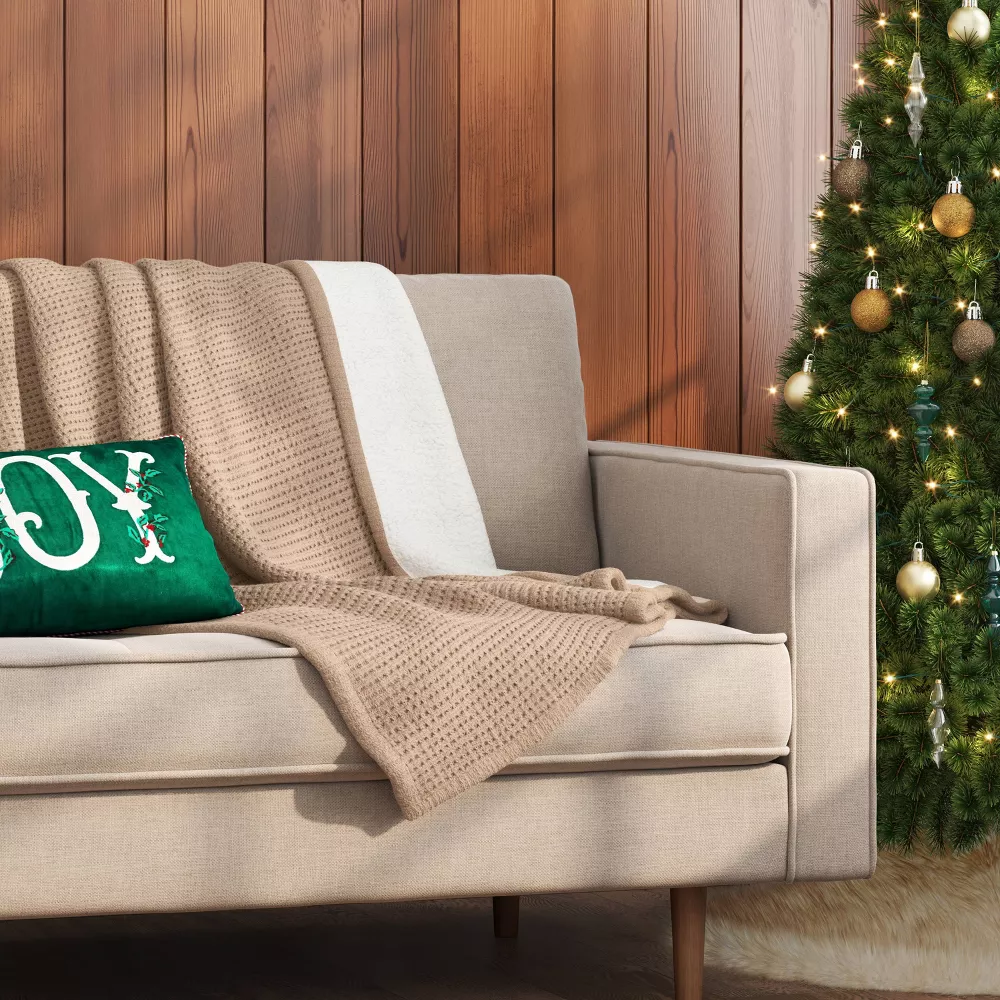Chenille Knit Throw Blanket with Faux Shearling Reverse Tan - Image 5