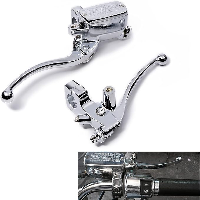 Chrome Handlebar Left Clutch Lever + Right Hydraulic Brake Master Cylinder Compatible with Harley Motorcycles - Image 5