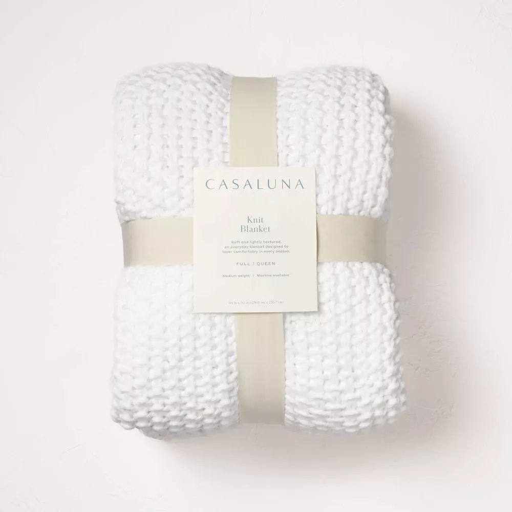 Chunky Knit Bed Blanket White Full/Queen,