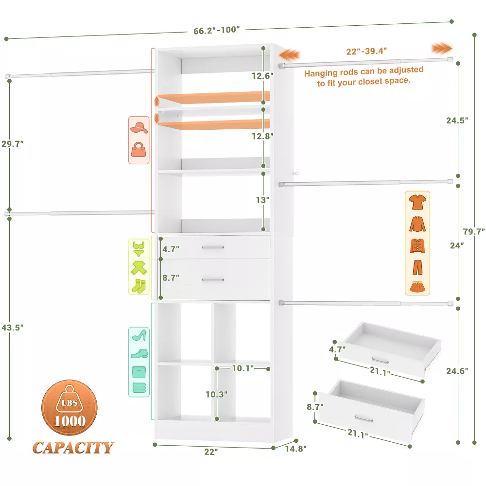 Closet Organizer with Wood Drawers and Cubbies - Image 2