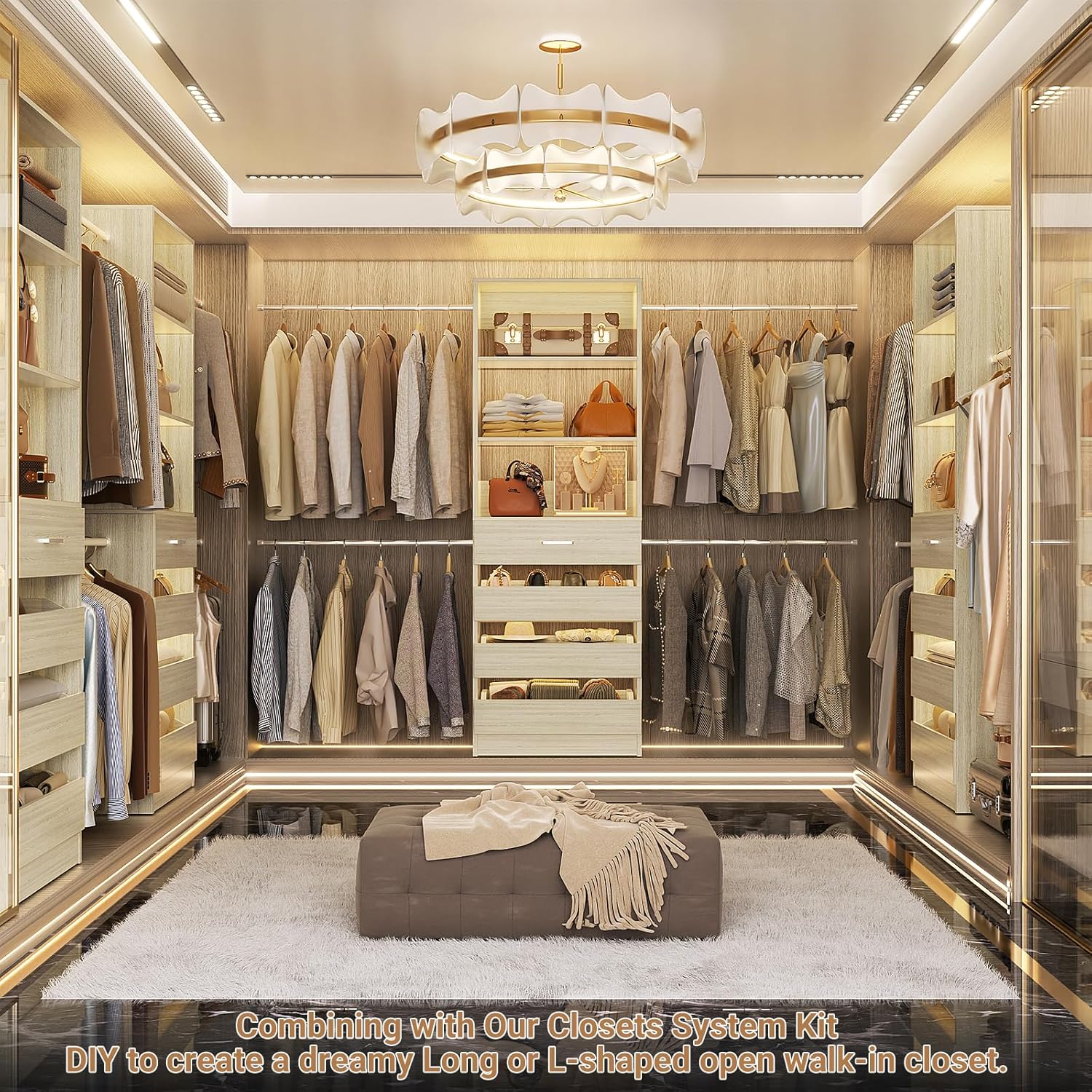 Closet System, Closet Organizer with 4 Wooden Drawer, 2White Oak - Image 2