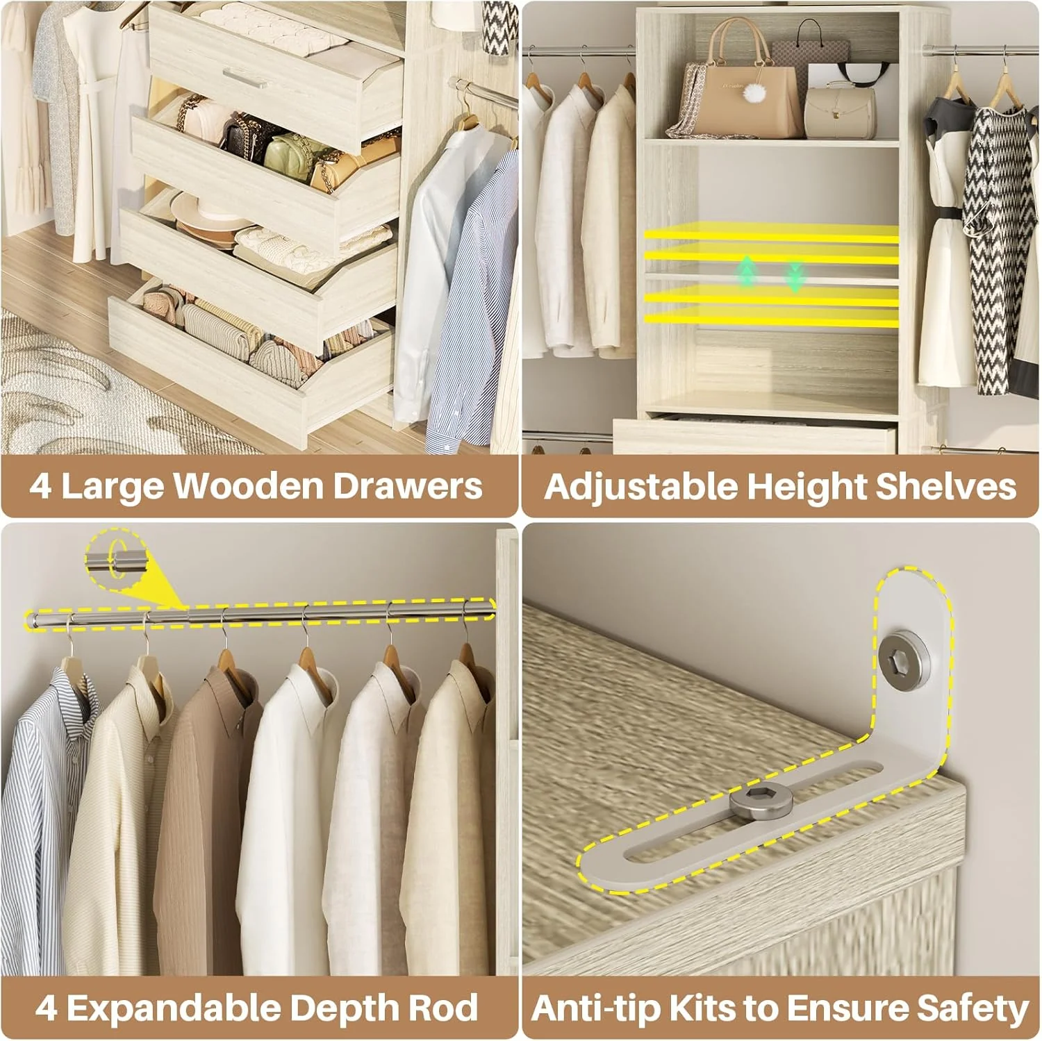 Closet System, Closet Organizer with 4 Wooden Drawer, 2White Oak - Image 4