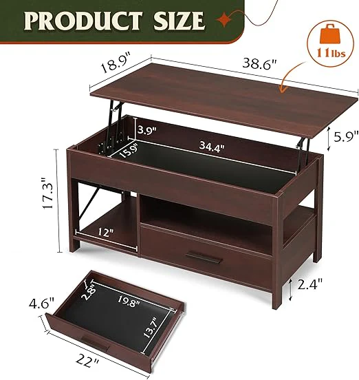 Coffee Table, Lift Top Coffee Table with Hidden Compartment, Espresso - Image 3