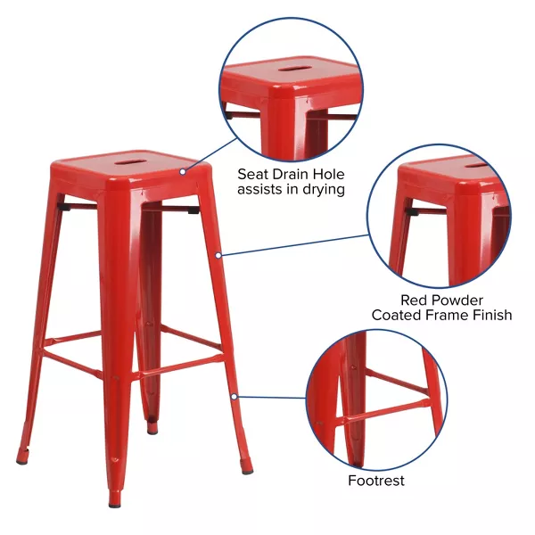 Commercial Grade Backless Metal Indoor-Outdoor Barstool with Square Seat - Set of 2 - Image 4