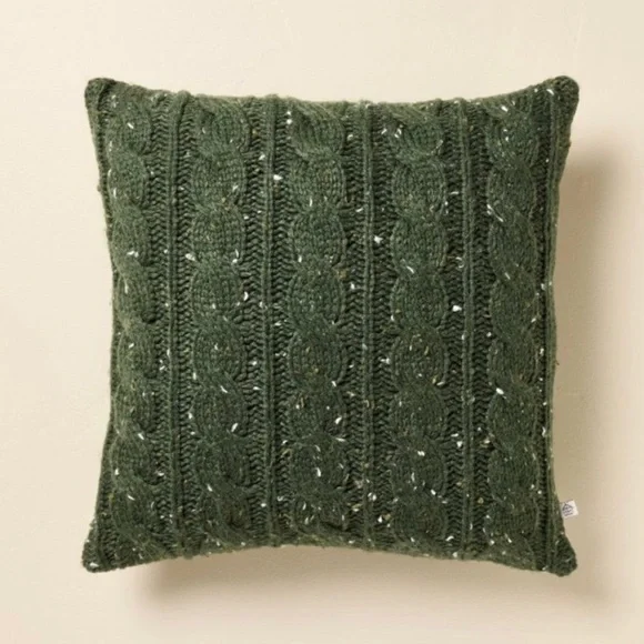 Confetti Fleck Cable Knit Square Throw Pillow Green