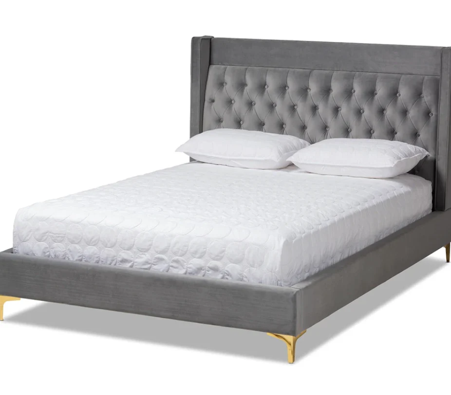 Contemporary Velvet Upholstered Tufted Glam Platform Bed Head Board - Grey - Queen SHOWROOM ITEM