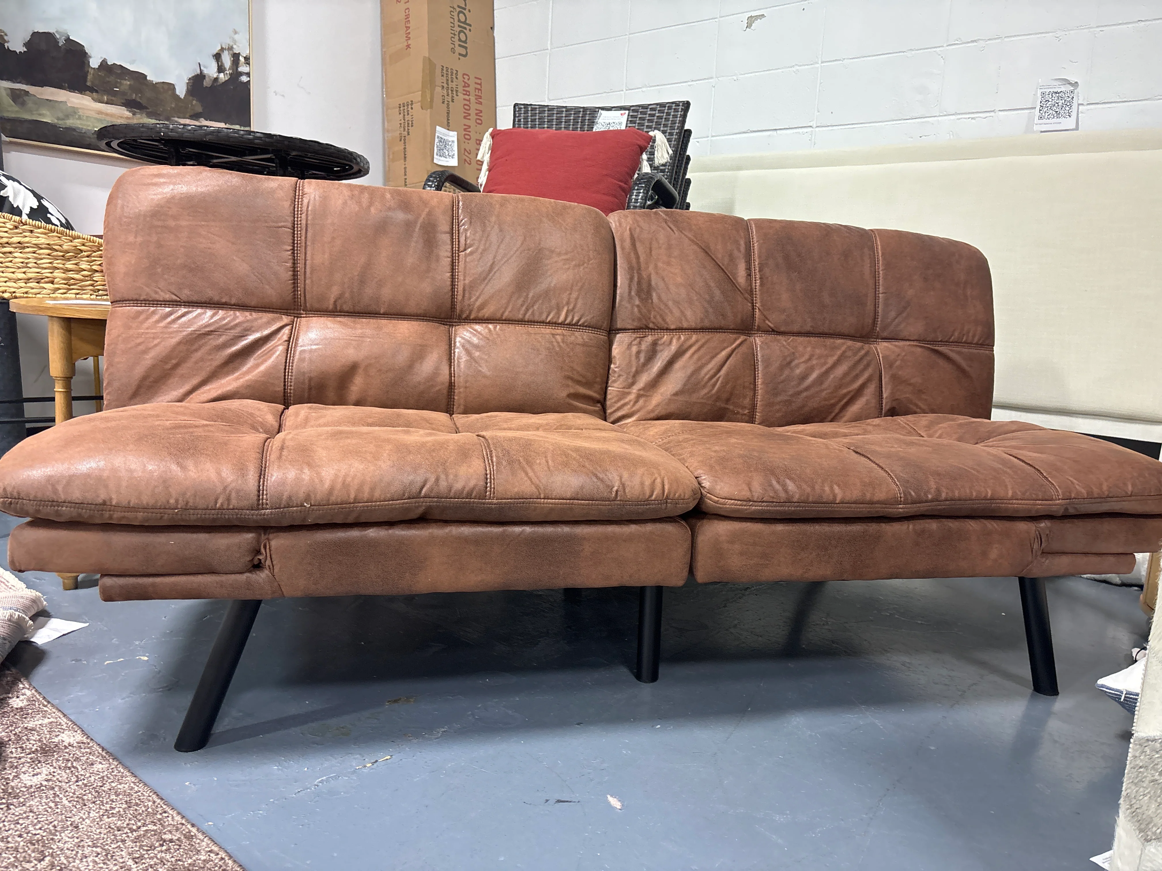 Convertible Futon Sofa Bed Memory Foam Loveseat Small Euro Lounger Sofa - Brown Leather SHOWROOM ITEM - Image 5