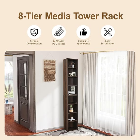 8-Tier Media Tower Rack CD DVD Slim Storage Cabinet with Adjustable Shelves, Tall Narrow Bookcase Display Bookshelf for Home Office (Walnut) - Image 3