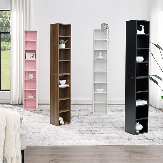 8-Tier Media Tower Rack CD DVD Slim Storage Cabinet with Adjustable Shelves, Tall Narrow Bookcase Display Bookshelf for Home Office (Walnut) - Image 4