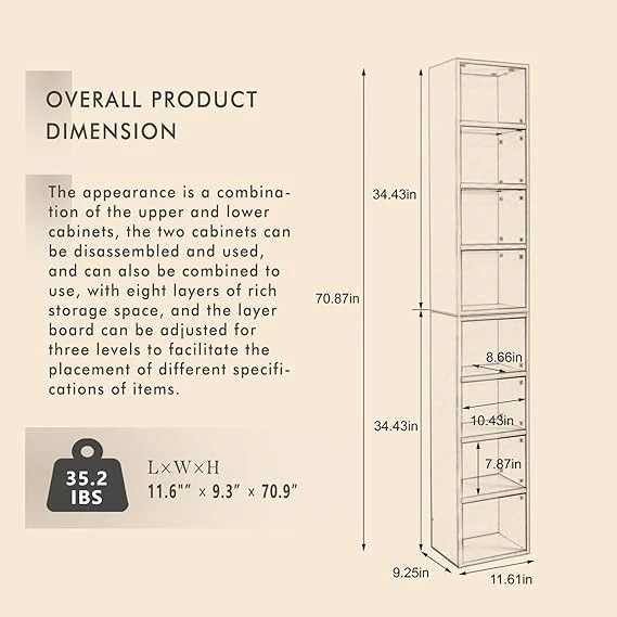 8-Tier Media Tower Rack CD DVD Slim Storage Cabinet with Adjustable Shelves, Tall Narrow Bookcase Display Bookshelf for Home Office (Walnut) - Image 5