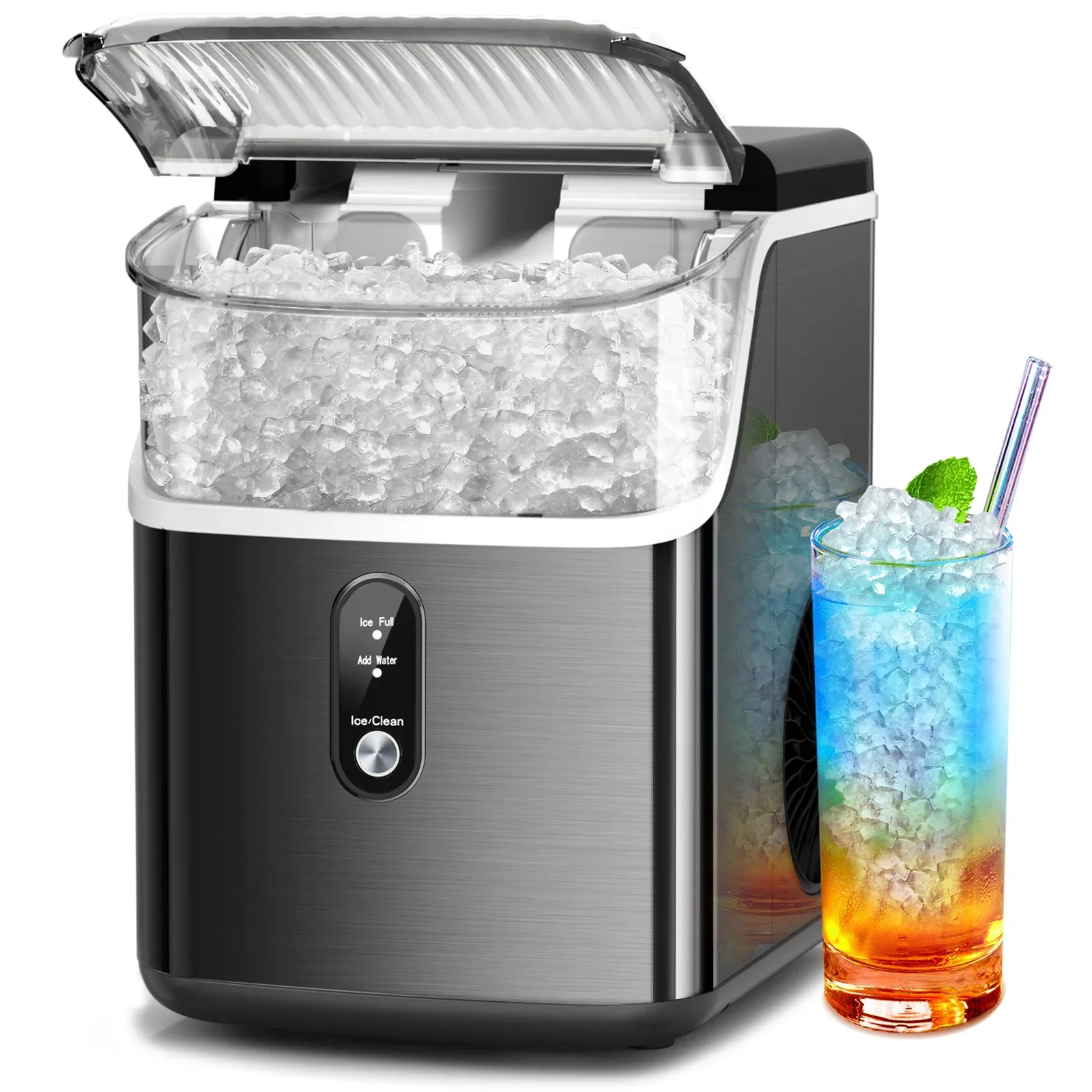 Nugget Ice Maker Countertop, Portable Ice Maker Machine with Self-Cleaning Function, Easy Operation, Pellet Ice Maker for Home/Kitchen/Office/Party-Black