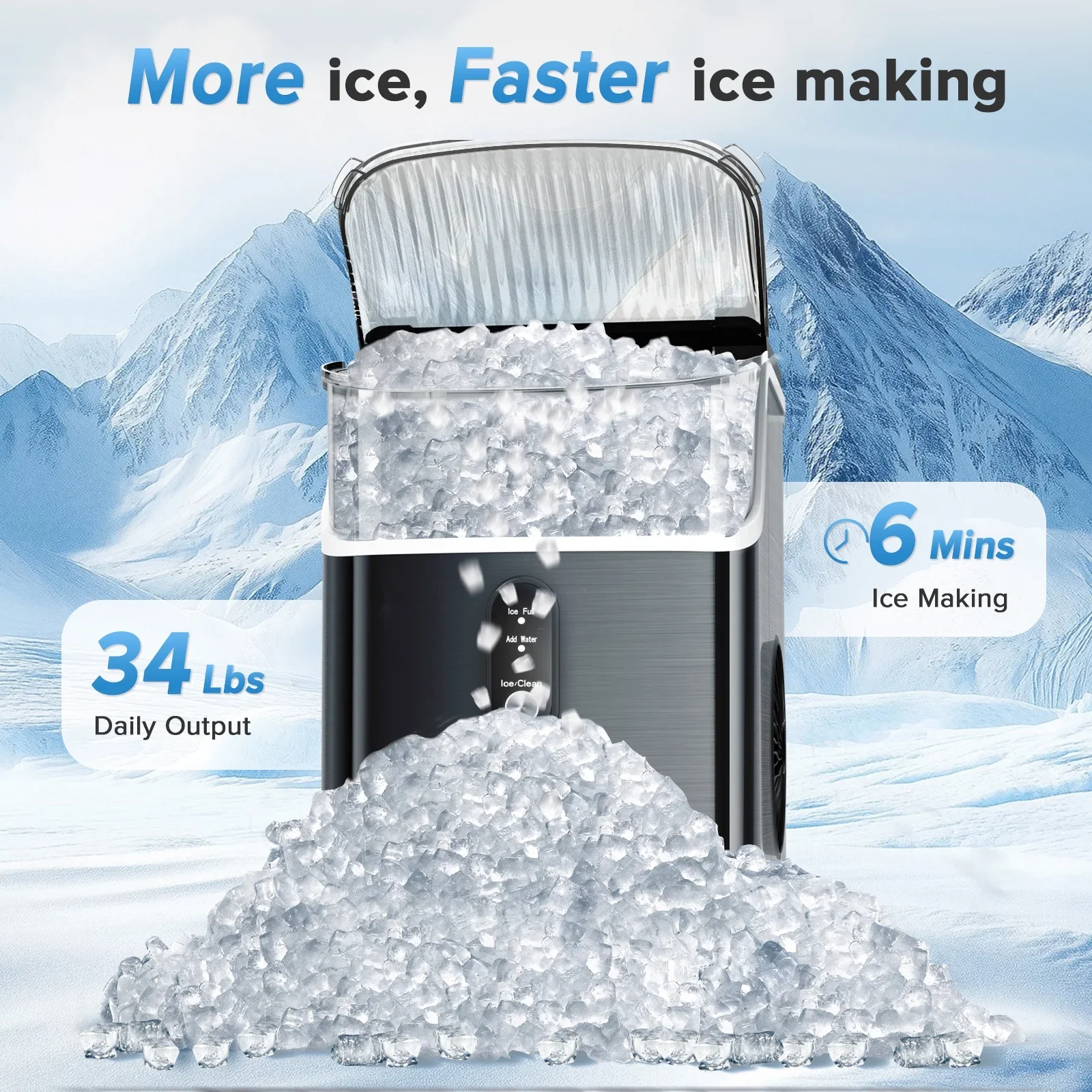 Nugget Ice Maker Countertop, Portable Ice Maker Machine with Self-Cleaning Function, Easy Operation, Pellet Ice Maker for Home/Kitchen/Office/Party-Black - Image 2