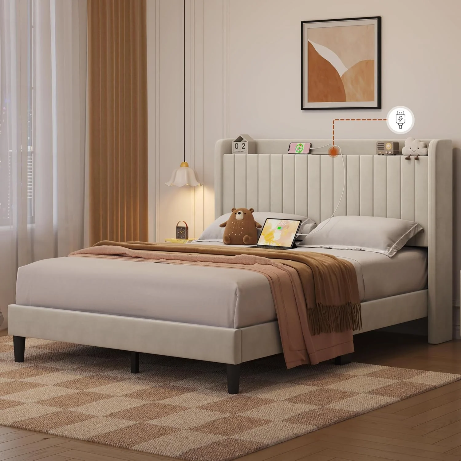Queen Bed Frame with USB Charging Station and Storage Shelf - Image 2