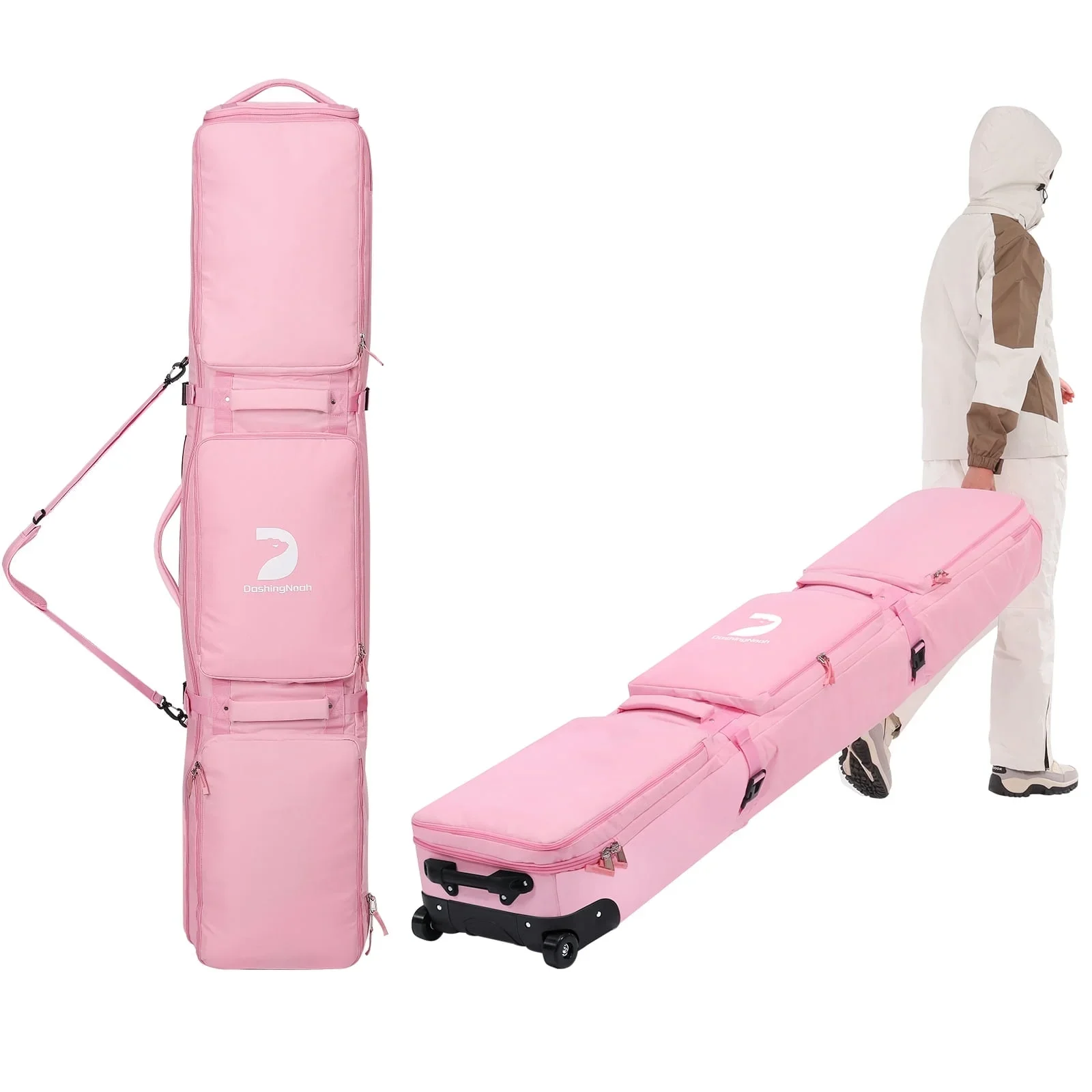 Rolling Ski Bags with Wheel,  Padded Waterproof Snowboard Bag for Air Travel, Fits Single Ski & Skis with 3 Separation Storage, Unisex Adjustable Length, Pink