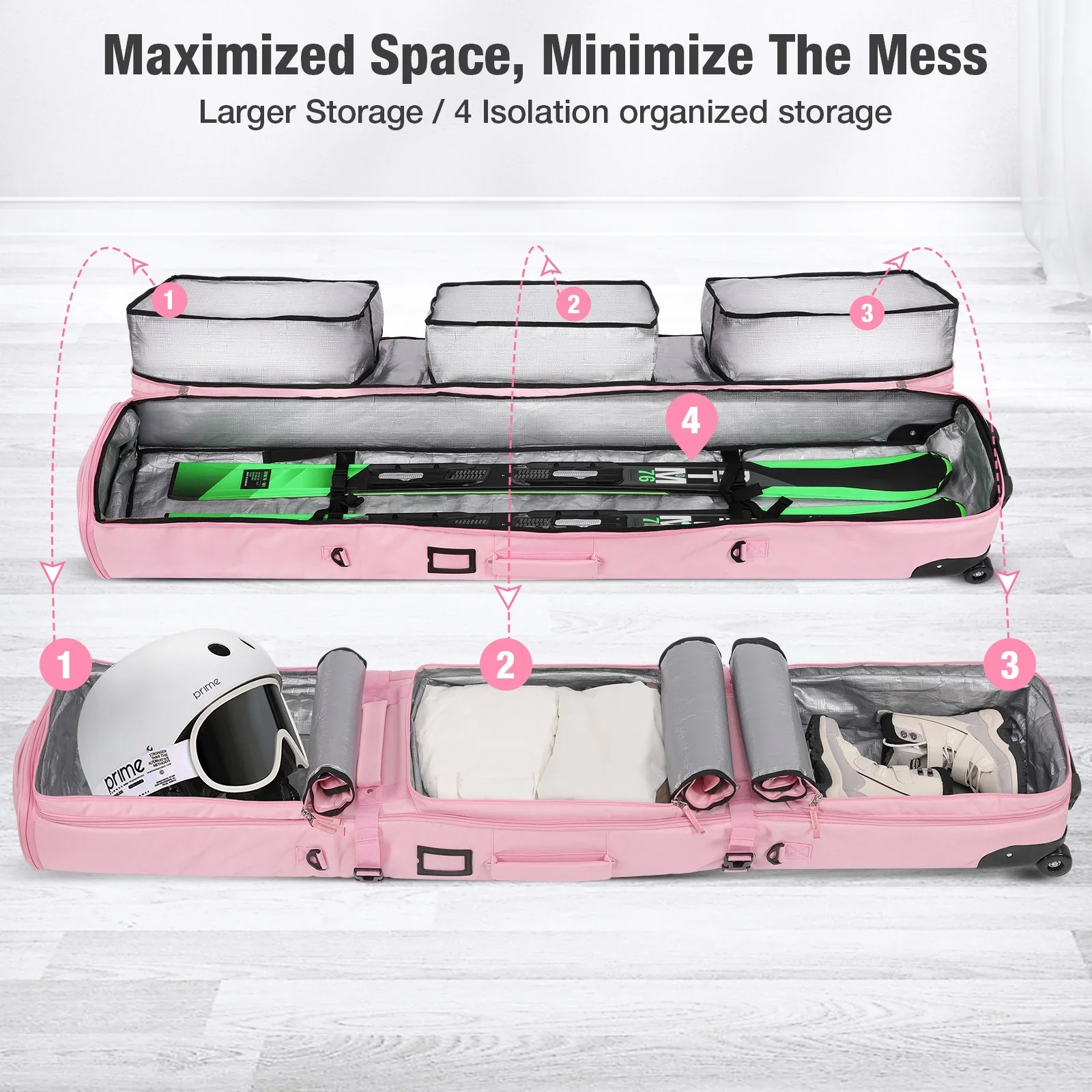 Rolling Ski Bags with Wheel,  Padded Waterproof Snowboard Bag for Air Travel, Fits Single Ski & Skis with 3 Separation Storage, Unisex Adjustable Length, Pink - Image 2