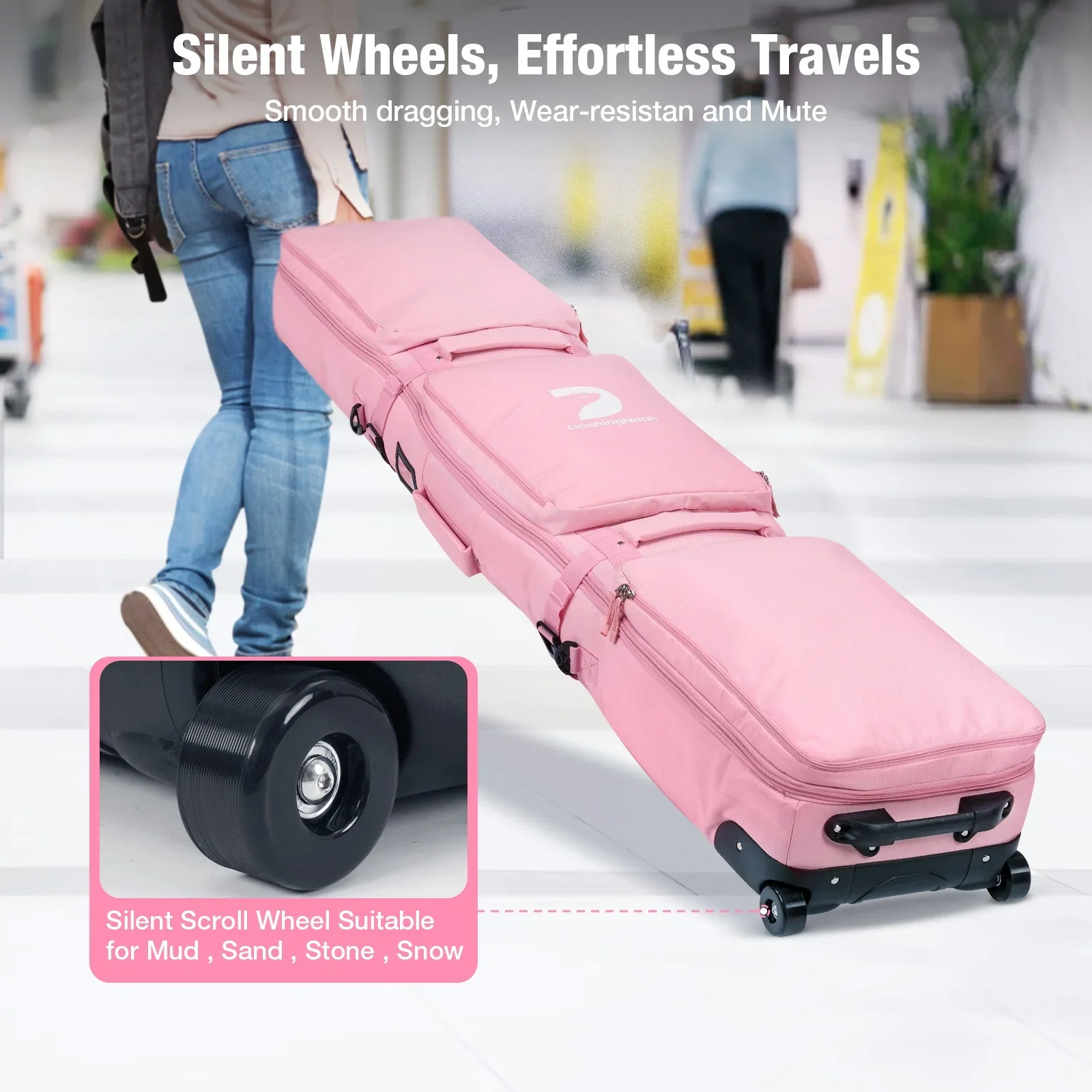 Rolling Ski Bags with Wheel,  Padded Waterproof Snowboard Bag for Air Travel, Fits Single Ski & Skis with 3 Separation Storage, Unisex Adjustable Length, Pink - Image 3