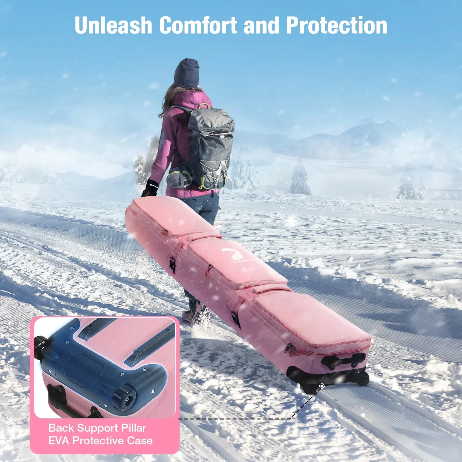 Rolling Ski Bags with Wheel,  Padded Waterproof Snowboard Bag for Air Travel, Fits Single Ski & Skis with 3 Separation Storage, Unisex Adjustable Length, Pink - Image 4