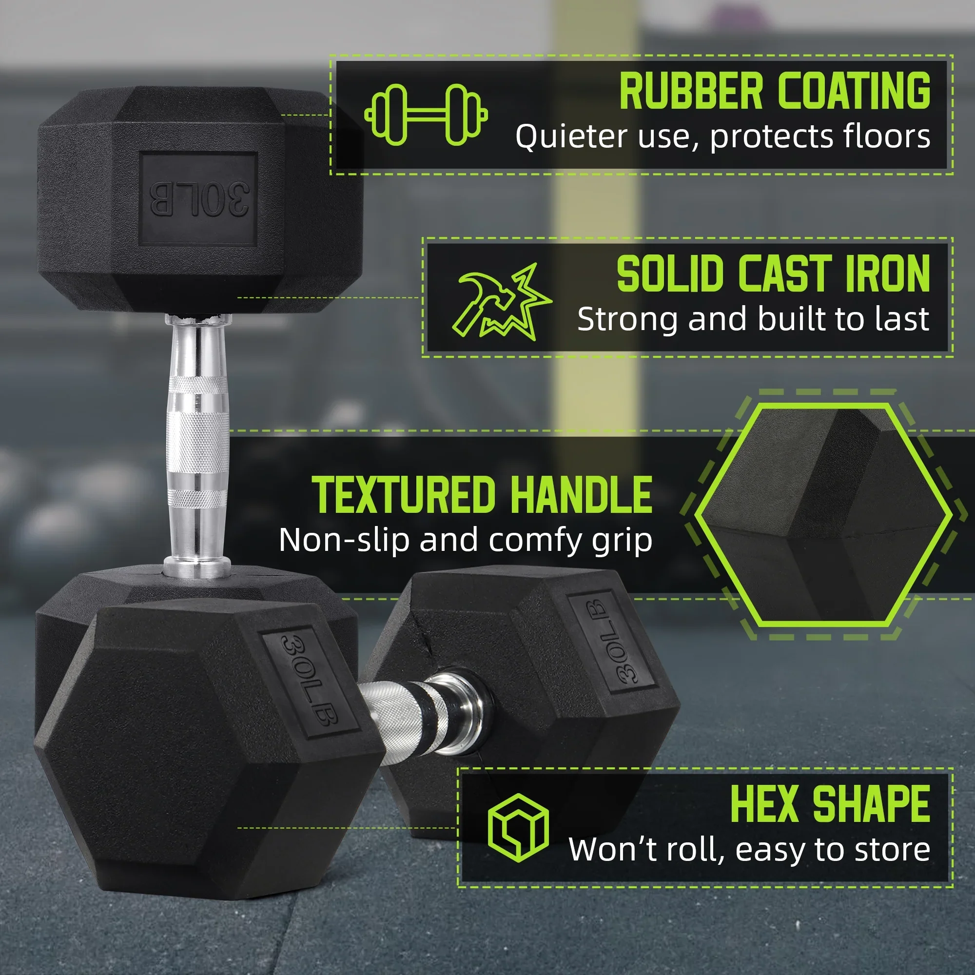 Rubber Hex Dumbbells, 1-Piece, Black - Image 4