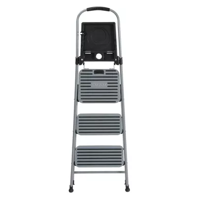 3 Step All Steel Step Stool with Tray: Folding Ladder, Silver, 3 Rungs - Image 3
