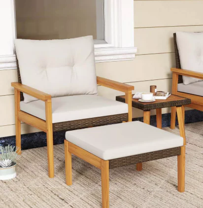 Costway 2pc Rattan Furniture Set - Wood Frame Chair & Ottoman SHOWROOM ITEM