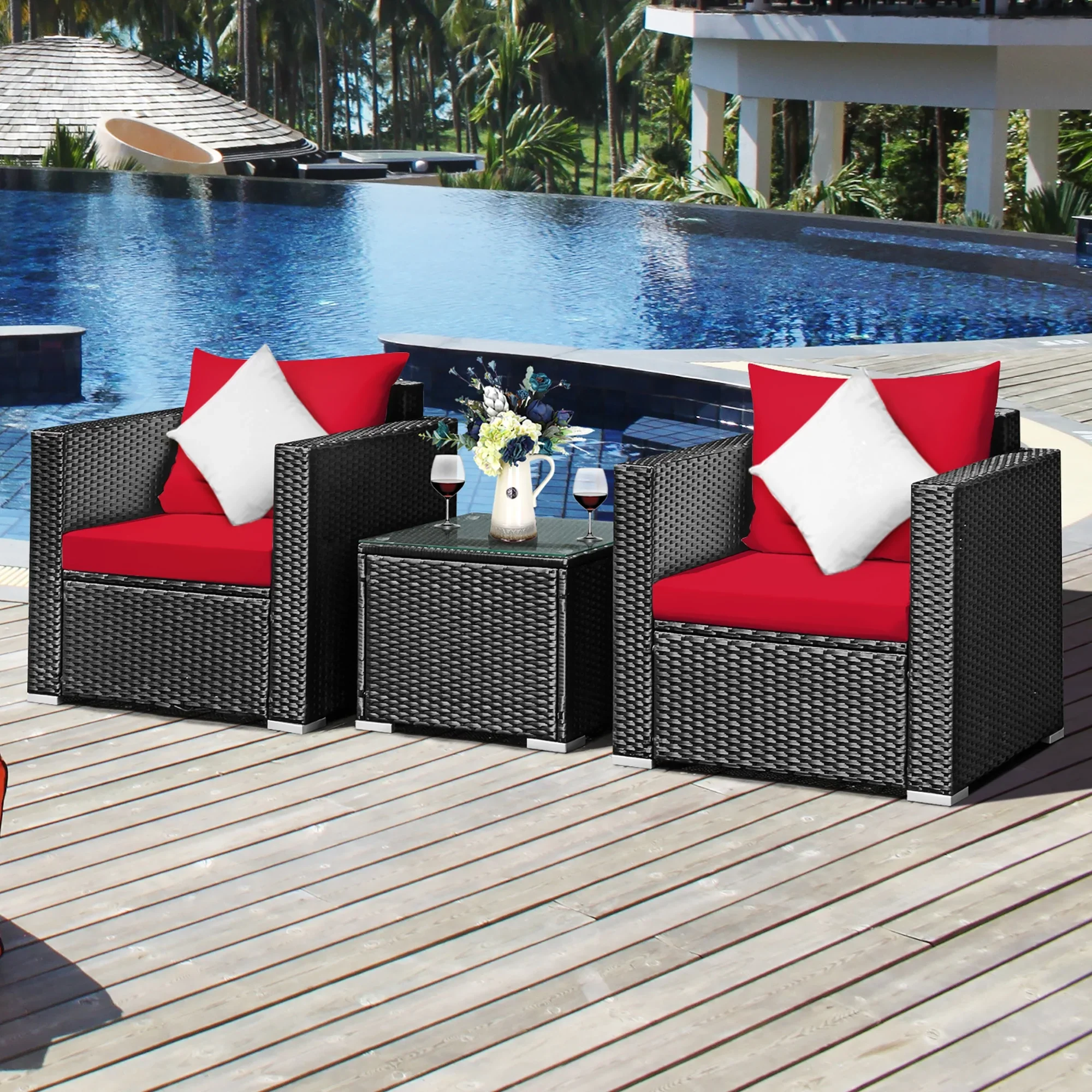 Costway 2PCS Patio Rattan Wicker Furniture Set Sofa Table W/Cushion Yard Red - SHOWROOM ITEM