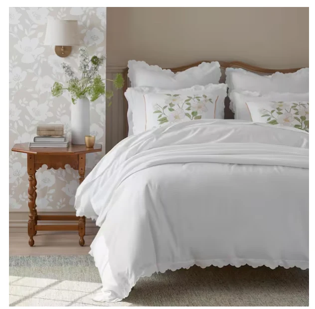 Cotton Embroidered Scallop White Queen Sateen DUVET COVER ONLY - Image 3