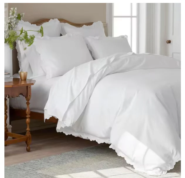 Cotton Embroidered Scallop White Queen Sateen DUVET COVER ONLY - Image 4