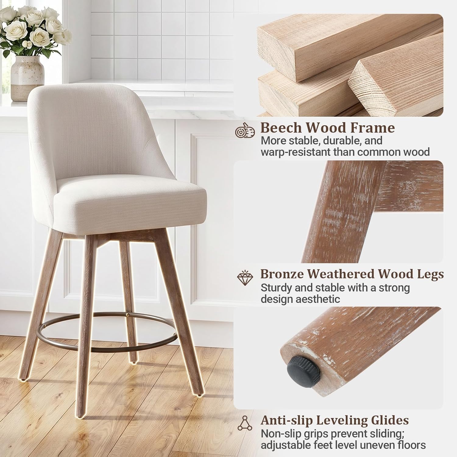 Counter Height Bar Stools, Modern Mid-Century, Off White - Image 4