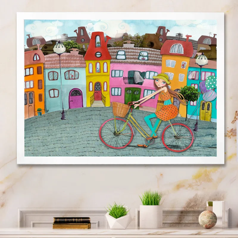 Girl Biking In Cartoon Street Framed SHOWROOM ITEM - Image 2
