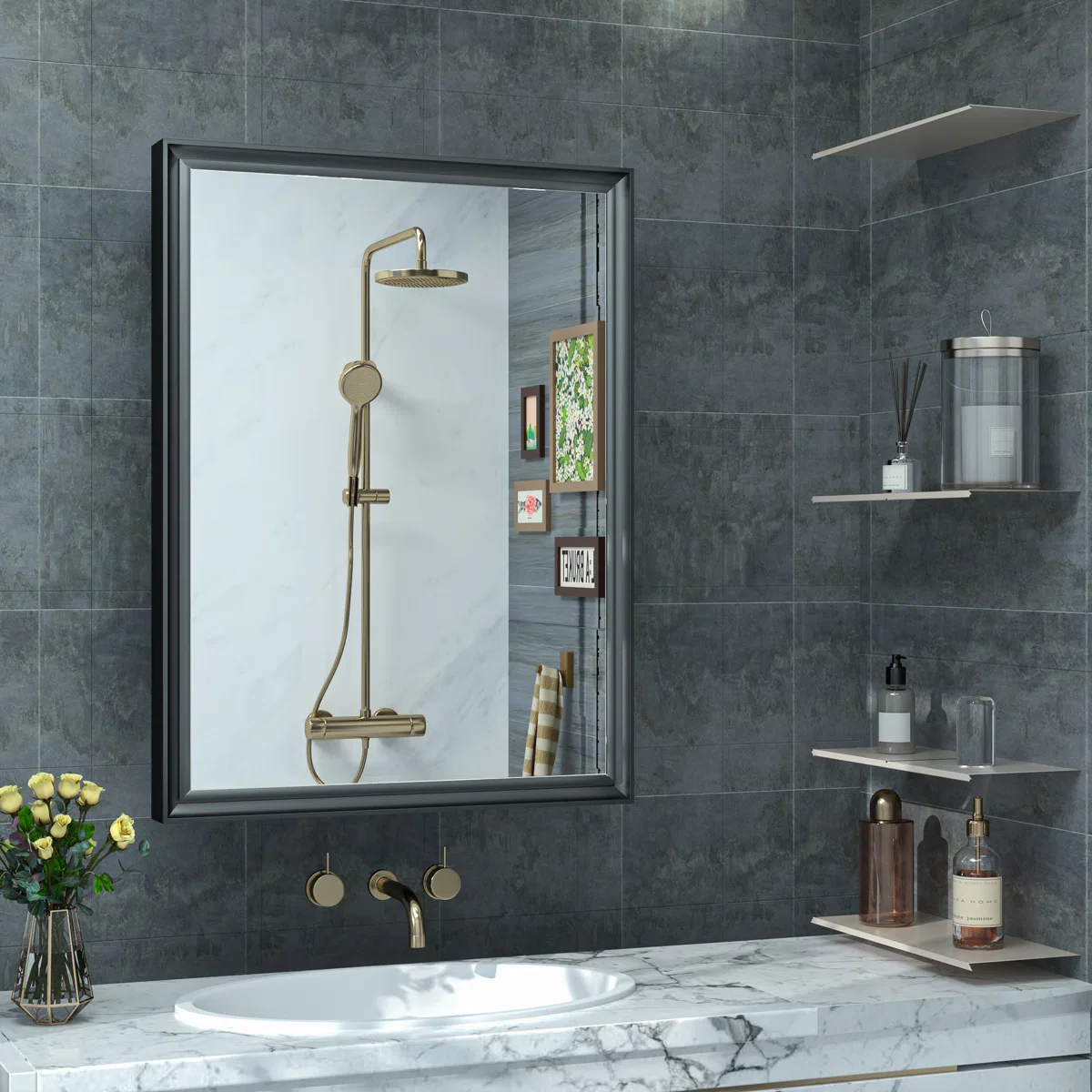 Cyrille Recessed & Surface Framed 1 Door Medicine Cabinet with Mirror and Shelves - Image 3