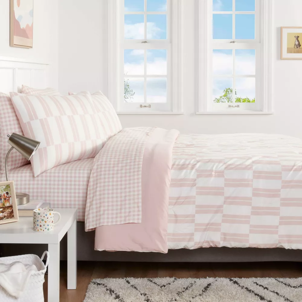 Dash Stripe Printed Microfiber Reversible Comforter & Sheets Set Ivory/Light Pink - Image 2