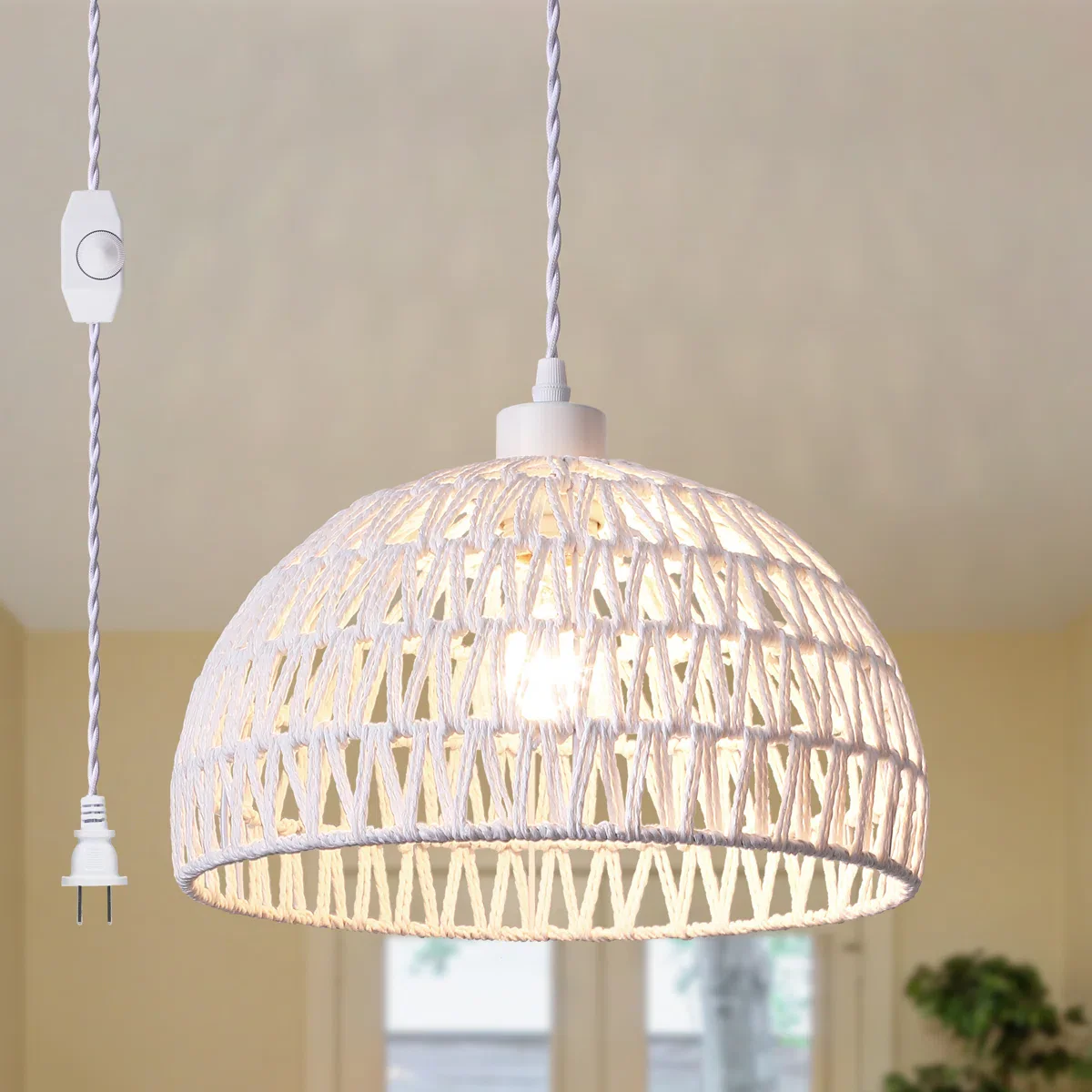 Derica 1 - Light Plug-In Woven Rattan Dome Pendant with Rope Accents Boho Style - Image 2