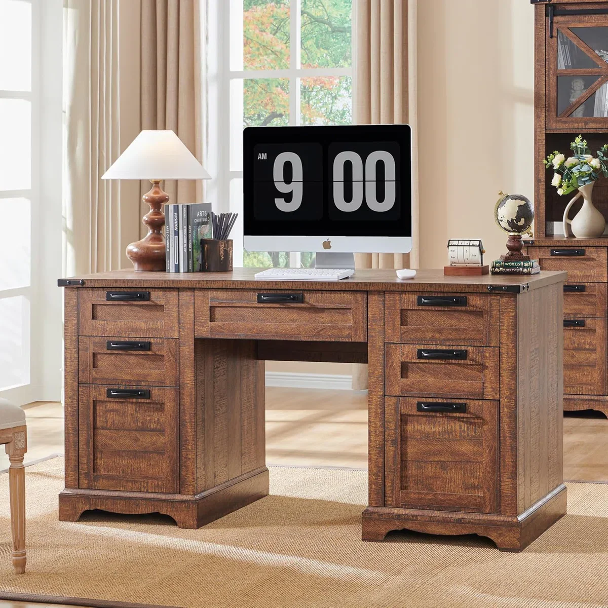 Deserey Farmhouse Solid and Manufactured Wood Executive Desk with Charging Station