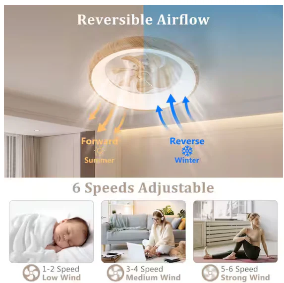 Dimmable Integrated LED RGB Smart Indoor Woodgrain Low Profile Ceiling Fan with Light, - Image 4