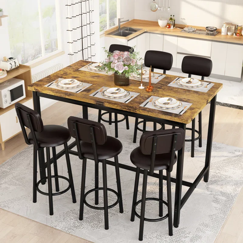 Dining Table Set For 6, 7-Piece Bar Table Set