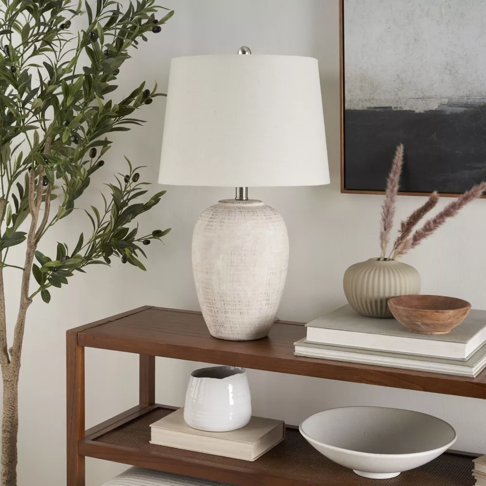 Distressed Beige Ceramic Urn Table Lamp - Image 5