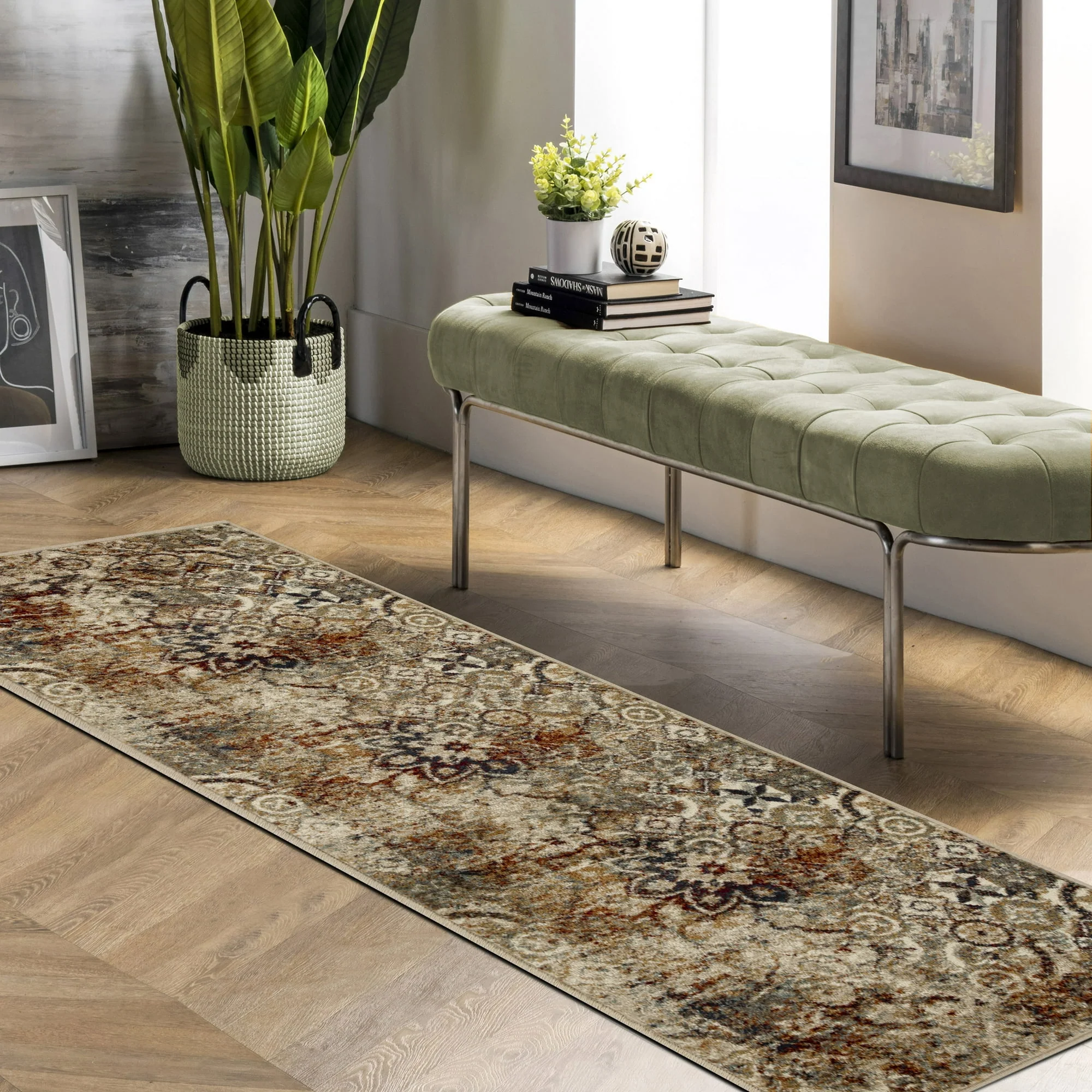 Distressed Floral Medallion Indoor Rug, 2'7"x8' - Image 3