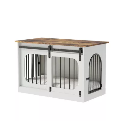 Dog Crate Furniture For Small & Medium Dogs, Heavy Duty Dog Crate For Dogs Indoor, Wooden Dog Kennel With Soft Cushion, White