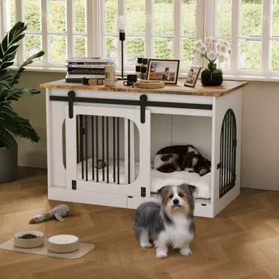Dog Crate Furniture For Small & Medium Dogs, Heavy Duty Dog Crate For Dogs Indoor, Wooden Dog Kennel With Soft Cushion, White - Image 3