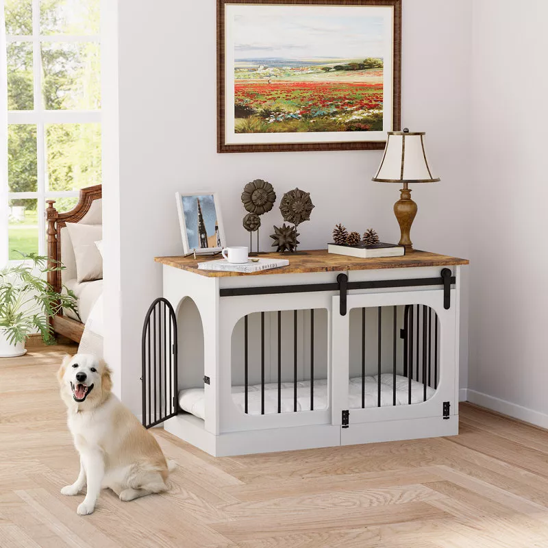 Dog Crate Furniture For Small & Medium Dogs, Heavy Duty Dog Crate For Dogs Indoor, Wooden Dog Kennel With Soft Cushion, White - Image 4