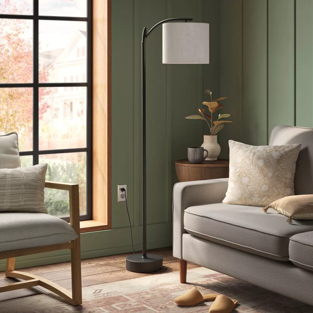 Downbridge Floor Lamp with Shade Black/Tan - Ambient Light, - Image 4