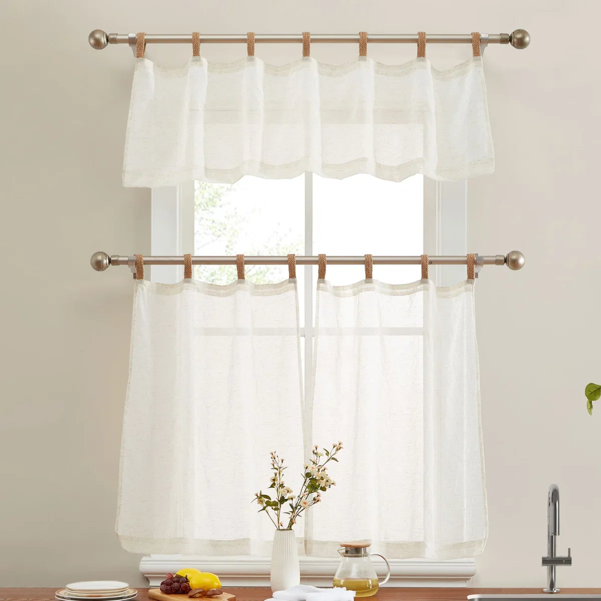 Keefe Burlap Flax Linen Semi Sheer 3 Piece Kitchen Curtains Set (Natural Linen)